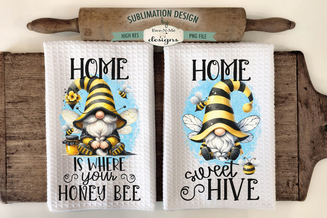 Honey Bee Gnome Sublimation Kitchen Towel Designs - Cute Bee Gnomes Sublimation Ewe-N-Me Designs 