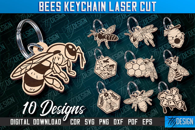 Honey Bee Keychain Laser Cut SVG Bundle | Bees Keychain Design | Bee Hive Design SVG Fly Design 