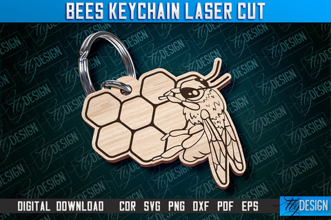Honey Bee Keychain Laser Cut SVG Bundle | Bees Keychain Design | Bee Hive Design SVG Fly Design 
