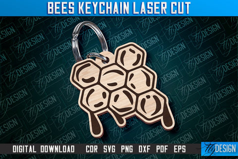 Honey Bee Keychain Laser Cut SVG Bundle | Bees Keychain Design | Bee Hive Design SVG Fly Design 