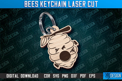 Honey Bee Keychain Laser Cut SVG Bundle | Bees Keychain Design | Bee Hive Design SVG Fly Design 
