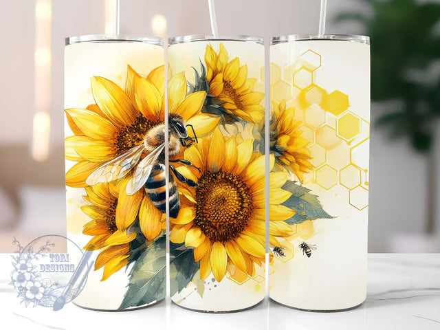 Honey Bee Sunflowers 20oz Skinny Tumbler, bee drinkware, summer tumbler, floral tumbler, garden tumbler, country style tumbler Sublimation ToriDesigns 
