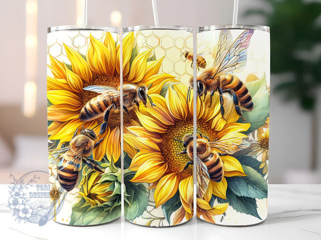 Honey Bee Sunflowers 20oz Skinny Tumbler, bee drinkware, summer tumbler, floral tumbler, garden tumbler, country style tumbler Sublimation ToriDesigns 