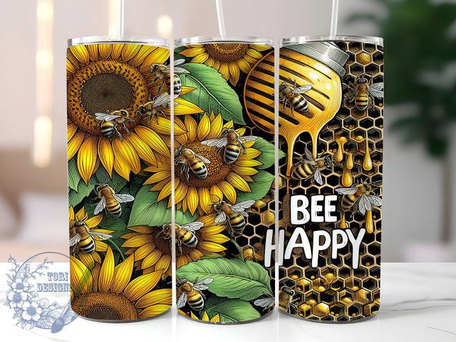 Honey Bee Sunflowers 20oz Skinny Tumbler, Bee Happy Tumbler Png, Straight & Tapered Tumbler Wrap, Instant Digital Download Sublimation ToriDesigns 