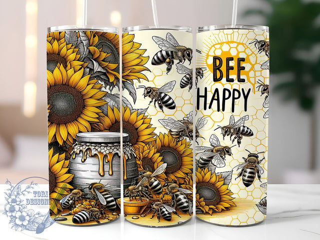 Honey Bee Sunflowers 20oz Skinny Tumbler, Bee Happy Tumbler Png, Straight & Tapered Tumbler Wrap, Instant Digital Download Sublimation ToriDesigns 