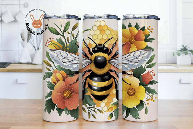 Honey Bee With Honey Combs and Sunflowers 20 oz Skinny Tumbler Wrap Digital Download PNG Sublimation Rabbitmakies 