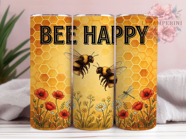 Honey Bee Yellow Honeycomb 20oz Tumbler, Bee Happy, Yellow Honeycomb, Glowing Background, Nature Theme, Skinny Tumbler, Sublimation PNG Sublimation Li Zamperini 