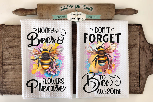 Honey Bees & Flowers Sublimation Kitchen Towel Designs Sublimation Ewe-N-Me Designs 
