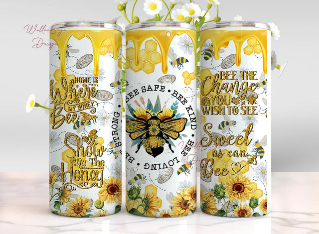Honey bees Glitter Affirmations 20oz Skinny Tumbler Wrap Sublimation Design, Sunflower Straight PNG Digital Instant Download, Inspirational Sublimation WillowSageDesign 