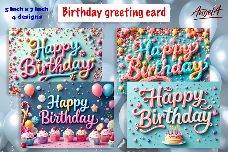 Horizontal Birthday card printable, Happy birthday lettering Sublimation Angelina Semenova 