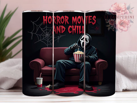 Horror Movies and Chill 20 oz Skinny Tumbler Sublimation Design, Straight & Tapered Tumbler Png, Halloween Scary Movies Tumbler Png, Digital Download PNG Sublimation Li Zamperini 