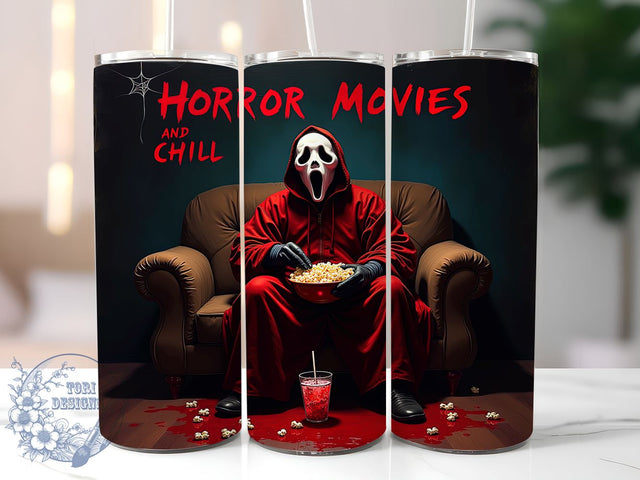 Horror Movies and Chill 20oz Skinny Tumbler PNG, Halloween Scary Movies Tumbler Sublimation Wrap, Straight & Tapered Tumbler Wrap, Instant Digital Download Sublimation ToriDesigns 