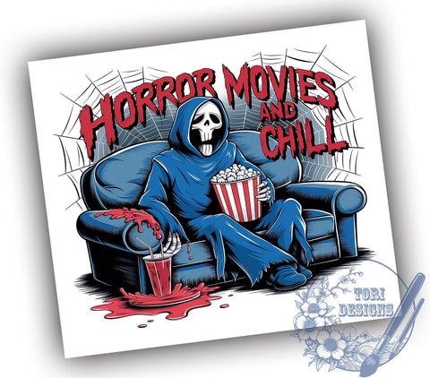 Horror Movies and Chill 20oz Skinny Tumbler PNG, Halloween Scary Movies Tumbler Sublimation Wrap, Straight & Tapered Tumbler Wrap, Instant Digital Download Sublimation ToriDesigns 