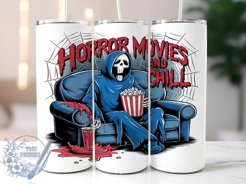 Horror Movies and Chill 20oz Skinny Tumbler PNG, Halloween Scary Movies Tumbler Sublimation Wrap, Straight & Tapered Tumbler Wrap, Instant Digital Download Sublimation ToriDesigns 