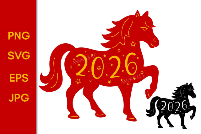 Horse 2026 New Year Symbol | Red and Gold, Black SVG PNG Print | Lunar New Year Art Digital Download | Sublimation, Greeting Card Vector SVG AnnaViolet_store 