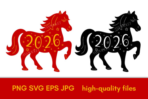 Horse 2026 New Year Symbol | Red and Gold, Black SVG PNG Print | Lunar New Year Art Digital Download | Sublimation, Greeting Card Vector SVG AnnaViolet_store 