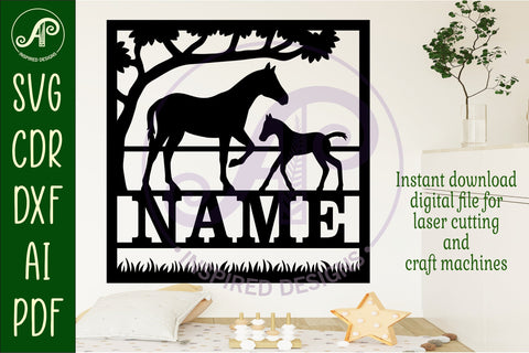 Horse and foal square name wall art sign, SVG file SVG APInspireddesigns 