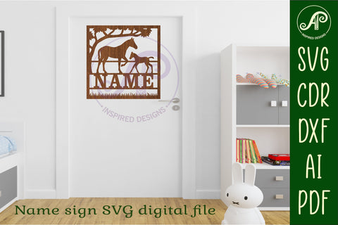 Horse and foal square name wall art sign, SVG file SVG APInspireddesigns 