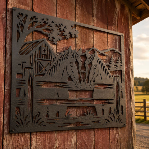 Horse Barn Laser SVG | Western Ranch DXF | Horse Fence Metal Art | Farmhouse Wall Decor | CNC Plasma Cut File SVG HappyDesignStudio 
