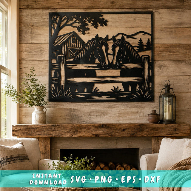 Horse Barn Laser SVG | Western Ranch DXF | Horse Fence Metal Art | Farmhouse Wall Decor | CNC Plasma Cut File SVG HappyDesignStudio 