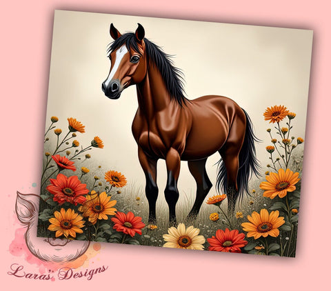 Horse Floral 20 oz Skinny Tumbler Sublimation Design, Straight & Tapered Tumbler Png, Brown Horse Tumbler Png, Digital Download PNG Sublimation Lara' s Designs 