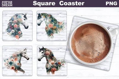 Horse Flowers Square Coaster | Double Exposure Horse Floral Sublimation WatercolorColorDream 