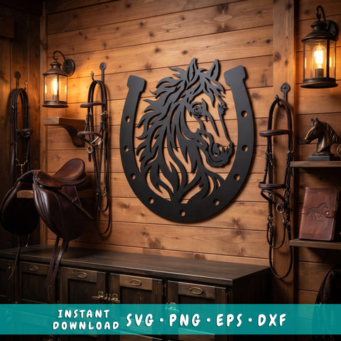 Horse Head Horseshoe Laser SVG | Horse Metal Wall Art DXF | CNC Plasma Cut File | Laser Cut Svg | Rustic Western Decor | Horse Portrait Svg SVG HappyDesignStudio 
