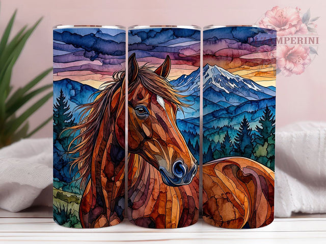 Horse Mountain Sunset 20oz Tumbler, Horse Design, Mountain Scene, Sunset Landscape, Rustic Charm, Nature Adventure, 20oz Wrap, Sublimation Tumbler Sublimation Li Zamperini 