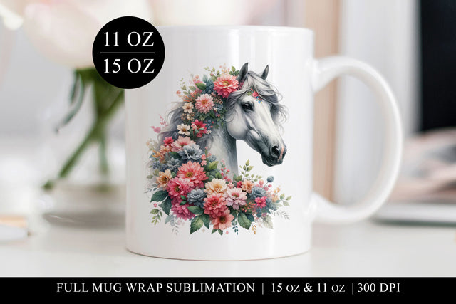 Horse Mug Design, Floral Equine Digital Print, Full Wrap Sublimation BijouBay 