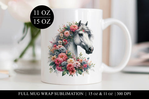 Horse Mug Design, Floral Equine Digital Print, Full Wrap Sublimation BijouBay 