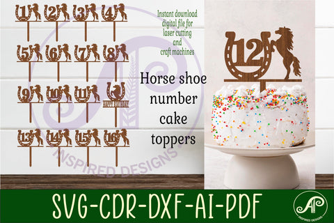 Horse shoe number cake toppers, 17 designs SVG laser cut SVG APInspireddesigns 