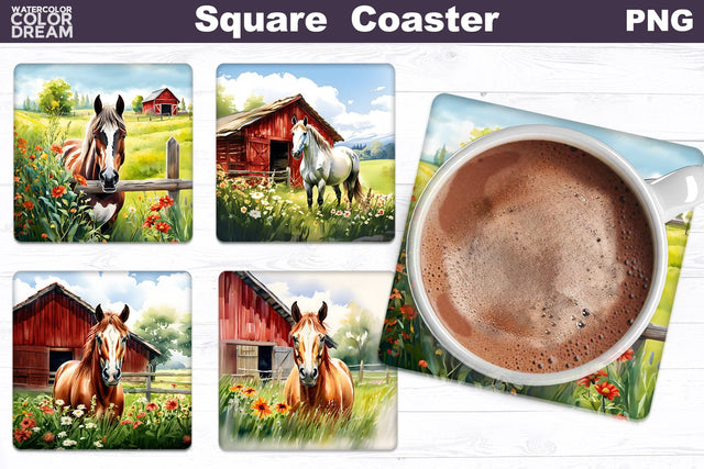 Horse Square Coaster | Farm Animal Square Coaster Sublimation WatercolorColorDream 
