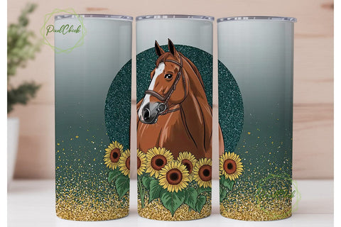 Horse & Sunflower Glitter 20oz Tumbler Sublimation PixelChick 