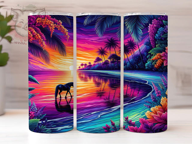 Horse Sunset Beach Tumbler, Beach Sunset Wrap, 20oz Horse Tumbler, Ocean Sunset Sublimation, Equine Sunset Design, Coastal Horse Wrap, Sunset Beach Tumbler Sublimation Lara' s Designs 