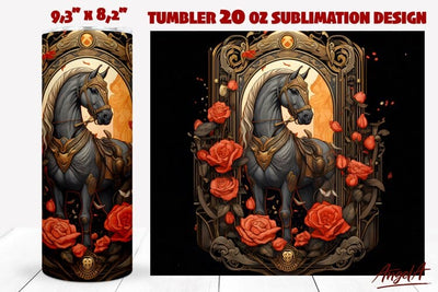 Horse tumbler / Gothic tumbler wrap / floral horse, red rose Sublimation Angelina Semenova 
