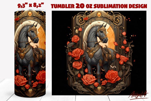 Horse tumbler / Gothic tumbler wrap / floral horse, red rose Sublimation Angelina Semenova 