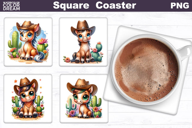 Horse Western Square Coaster | Cute Cowboy Square Coaster Sublimation WatercolorColorDream 