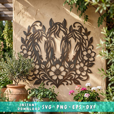 Horses and Flowers Laser SVG | Western Metal Wall Art DXF | Horse Lover CNC Plasma Cut File | Rustic Garden Decor Laser Cut Svg Png Eps SVG HappyDesignStudio 