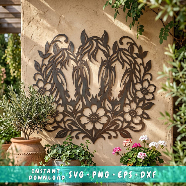 Horses and Flowers Laser SVG | Western Metal Wall Art DXF | Horse Lover CNC Plasma Cut File | Rustic Garden Decor Laser Cut Svg Png Eps SVG HappyDesignStudio 