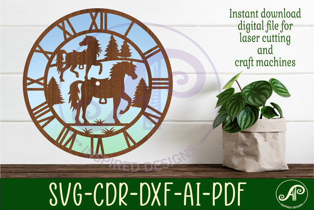 Horses wall clock laser cut files, SVG file. vector SVG APInspireddesigns 