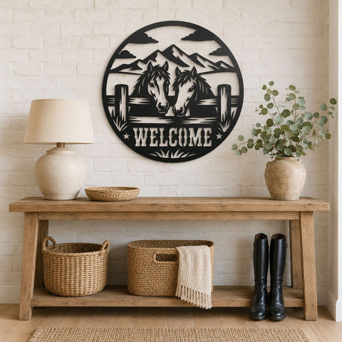 Horses Welcome Sign Laser SVG, Western Ranch Metal Art DXF, Mountain Horse Gate Sign, Farmhouse Wall Decor, Plasma CNC Cut File SVG HappyDesignStudio 