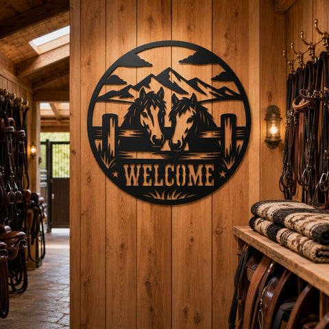 Horses Welcome Sign Laser SVG, Western Ranch Metal Art DXF, Mountain Horse Gate Sign, Farmhouse Wall Decor, Plasma CNC Cut File SVG HappyDesignStudio 