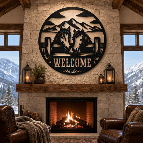 Horses Welcome Sign Laser SVG, Western Ranch Metal Art DXF, Mountain Horse Gate Sign, Farmhouse Wall Decor, Plasma CNC Cut File SVG HappyDesignStudio 