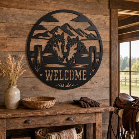 Horses Welcome Sign Laser SVG, Western Ranch Metal Art DXF, Mountain Horse Gate Sign, Farmhouse Wall Decor, Plasma CNC Cut File SVG HappyDesignStudio 
