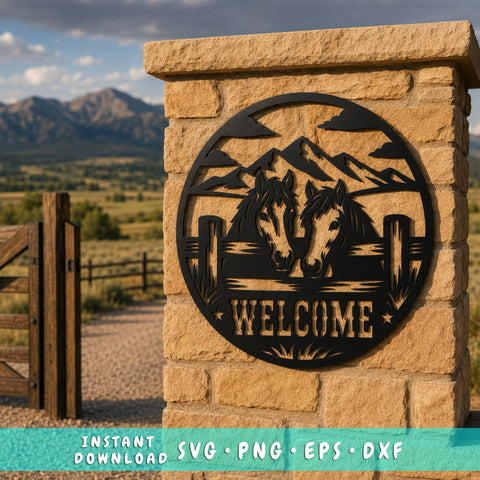 Horses Welcome Sign Laser SVG, Western Ranch Metal Art DXF, Mountain Horse Gate Sign, Farmhouse Wall Decor, Plasma CNC Cut File SVG HappyDesignStudio 