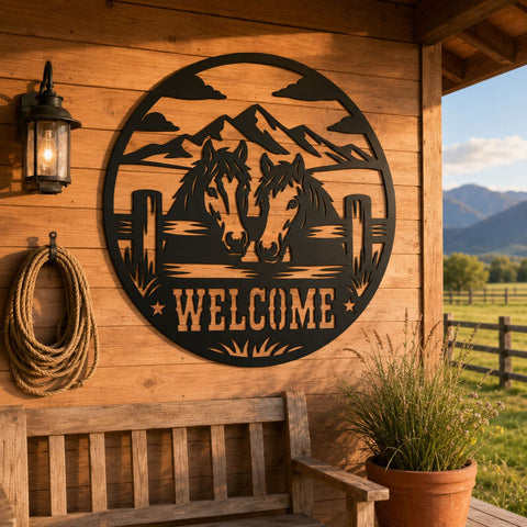 Horses Welcome Sign Laser SVG, Western Ranch Metal Art DXF, Mountain Horse Gate Sign, Farmhouse Wall Decor, Plasma CNC Cut File SVG HappyDesignStudio 