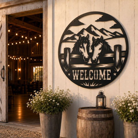 Horses Welcome Sign Laser SVG, Western Ranch Metal Art DXF, Mountain Horse Gate Sign, Farmhouse Wall Decor, Plasma CNC Cut File SVG HappyDesignStudio 