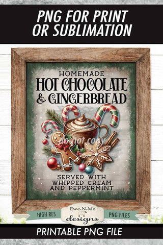 Hot Chocolate Gingerbread Sublimation Design | Vintage PNG Sublimation Ewe-N-Me Designs 