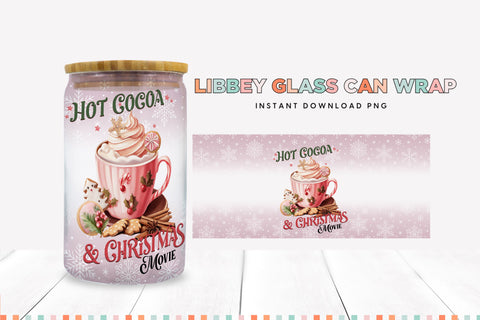 Hot Cocoa And Christmas Movies Glass Can Sublimation PNG Sublimation BijouBay 