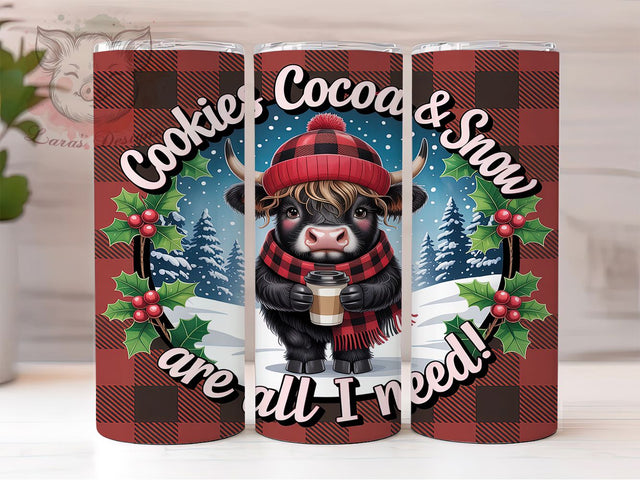 Hot Cocoa Highland Cow Tumbler, Highland Cow Sublimation Design, Cozy Winter Cow Art, 20oz Christmas Tumbler, Whimsical Cocoa Mug, Rustic Cow Cup, Festive Holiday Wrap Sublimation Lara' s Designs 